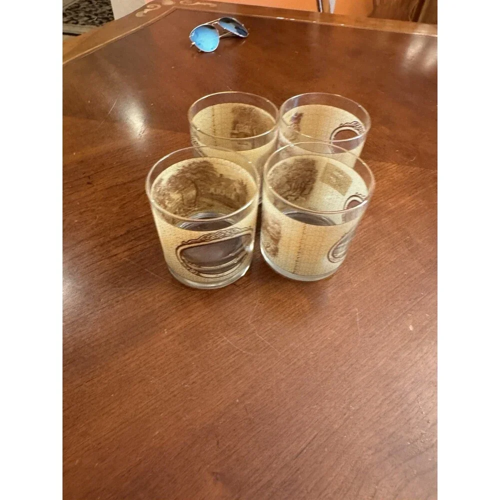 4 Courier & Ives Rocks Glasses Tumblers Homestead Seasons Gold Rims Old Home